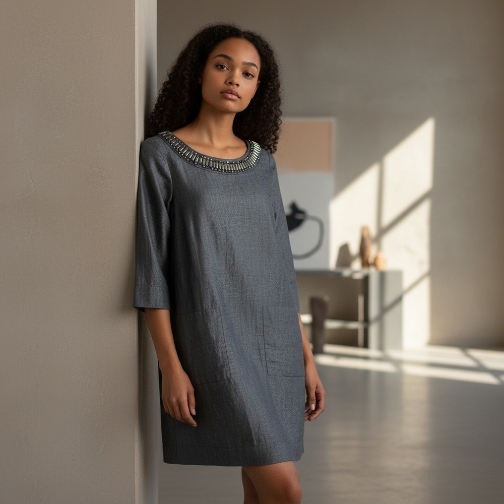 Weekend Max Mara Embellished Linen Shift Dress Gray Size 4 Beaded Neckline - Picture 1 of 11